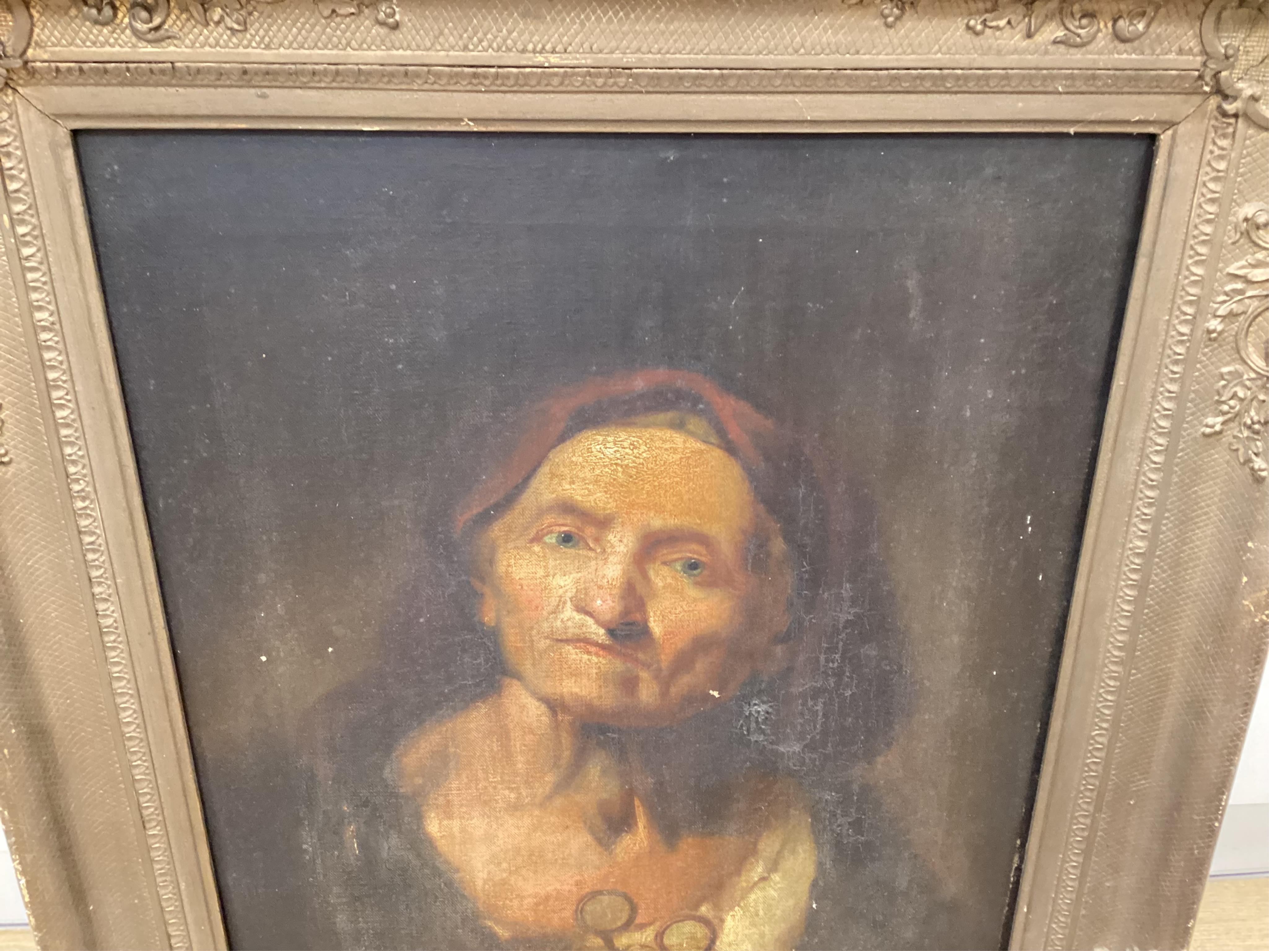 G. Smith (19th. C), oil on canvas, Study of an elderly woman holding spectacles, signed, 56 x 44cm, ornately framed. Condition - poor